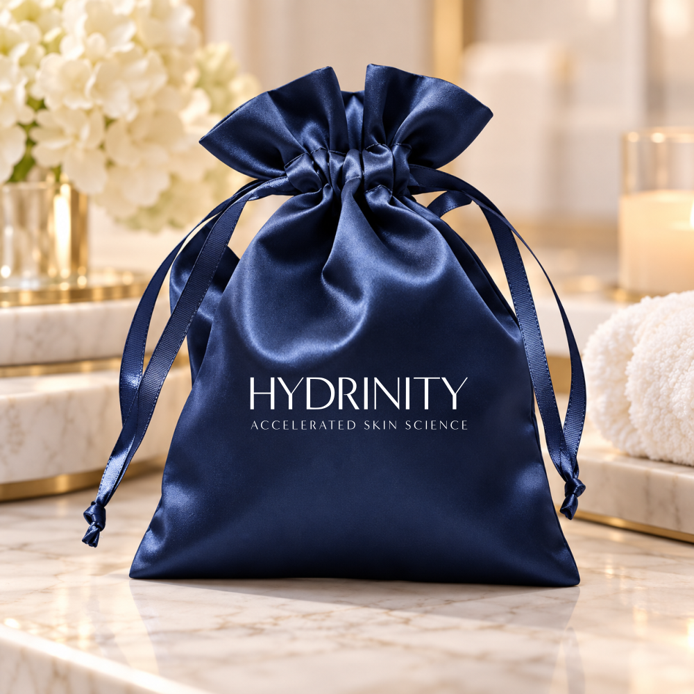 Hydrinity Navy Satin Drawstring Pouch – 3" × 4"